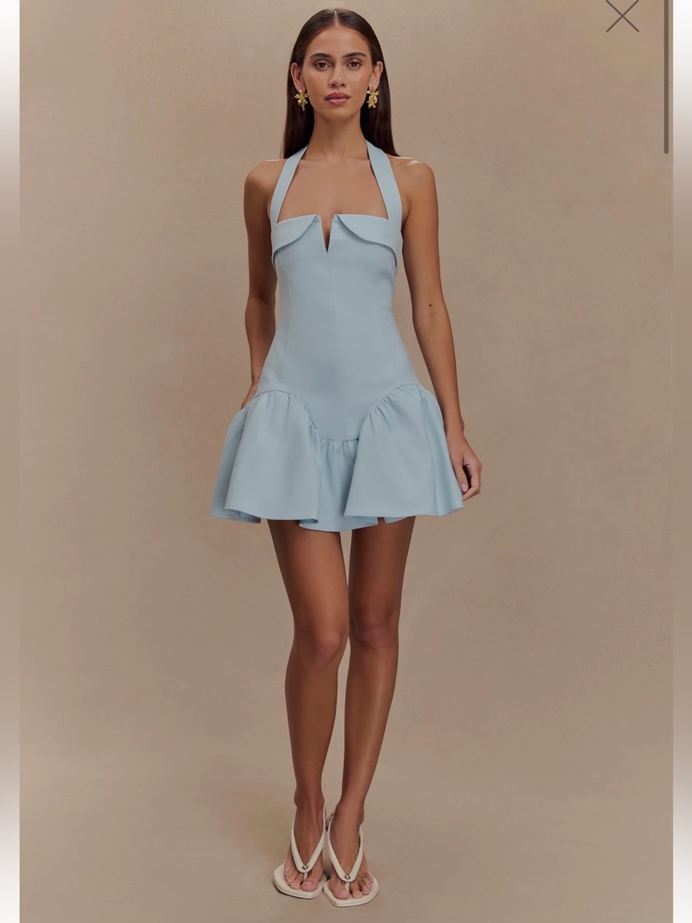 Meshki Sky-Blue Halter Mini Dress with Ruffle Hem